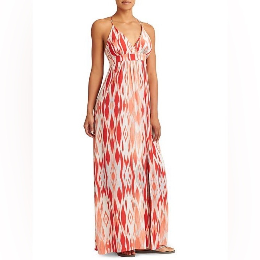Athleta Faded Ikat Maxi Dress XS Coral Sand Resortwear Beach Vacation Sundress